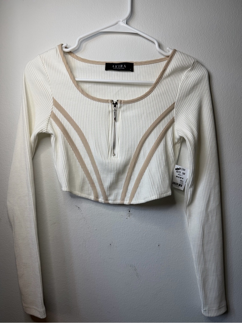 AKIRA Suga Rib Crop Top Zip Front Corset Seam Cream Small NWT